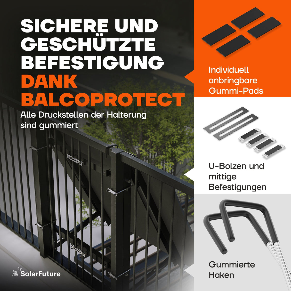 Klemmhalterung mit gummierten Auflagen, U-Bolzen und Haken – so wird am Pfosten umklammert statt gebohrt