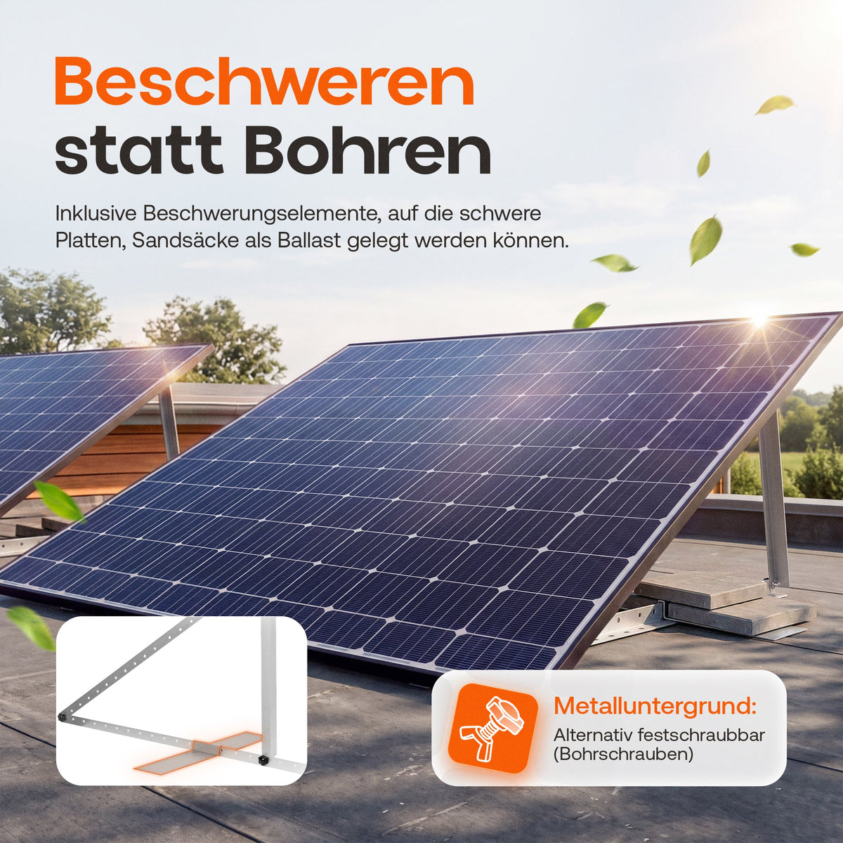 Zwei angewinkelte Solarmodule auf einem Flachdach, mit Beschwerungselementen ballastiert statt in die Dachhaut gebohrt