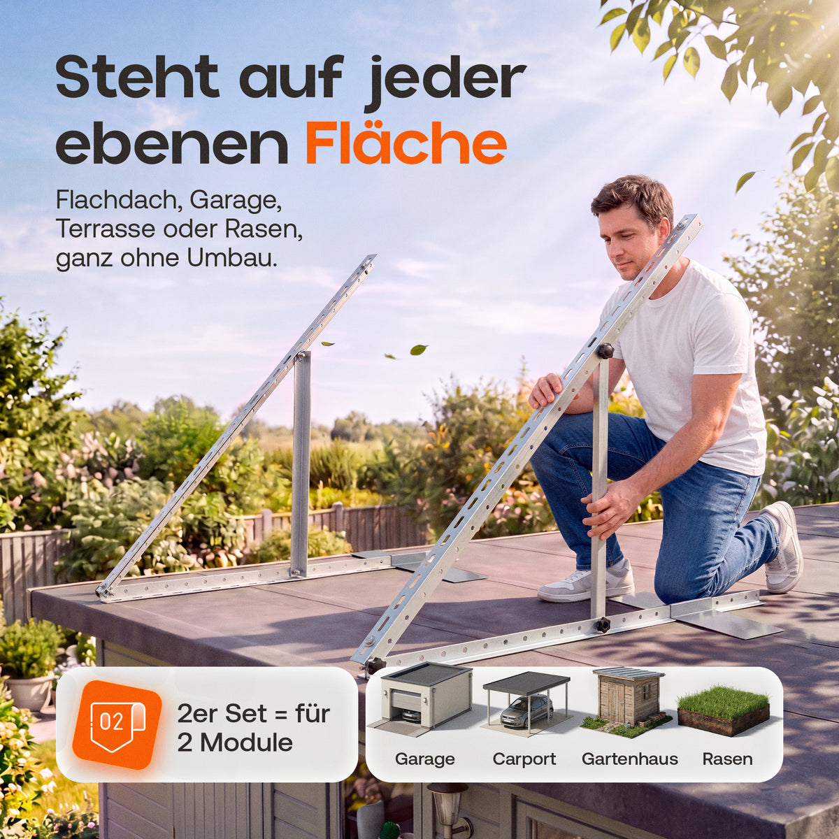 Flachdach 2er Set steht auf jeder ebenen Fläche: Mann stellt die Halterung auf einem Garagendach auf, auch für Carport, Gartenhaus und Rasen