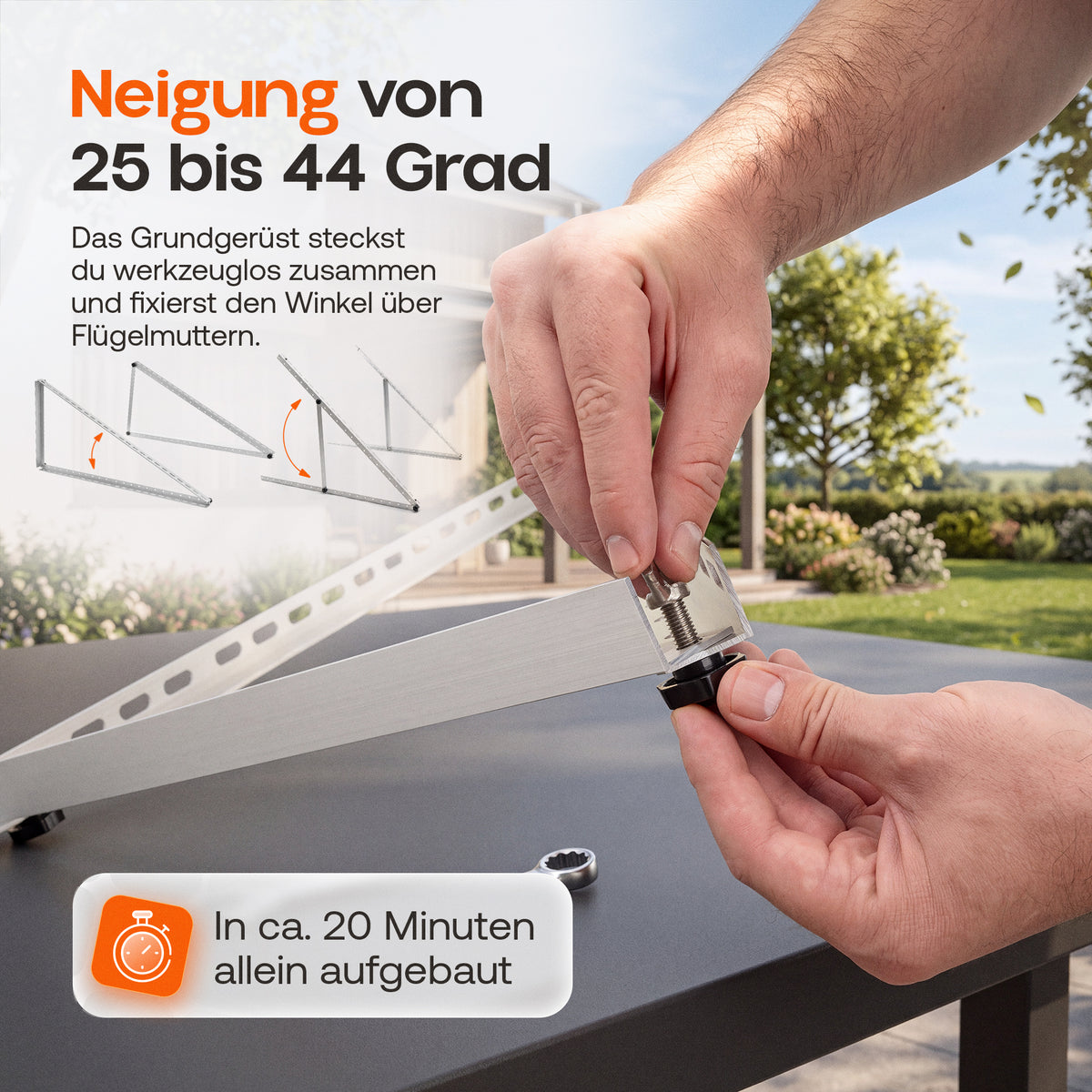 Neigung von 25 bis 44 Grad: der Winkel der Flachdach-Halterung wird werkzeuglos über Flügelmuttern fixiert, Aufbau in ca. 20 Minuten