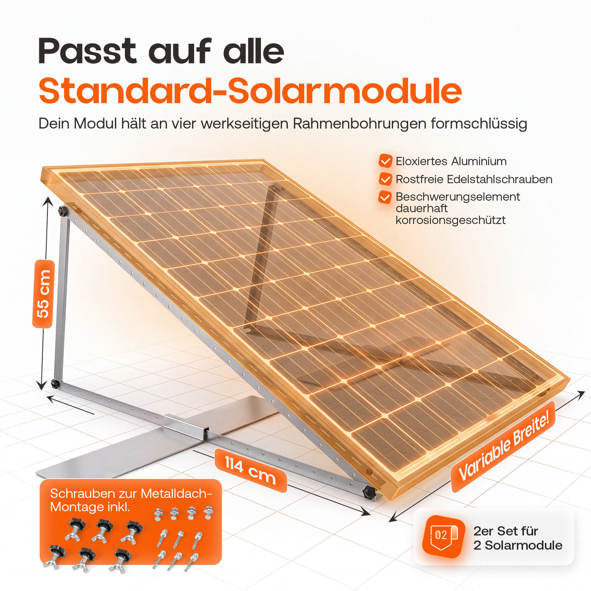 Passt auf alle Standard-Solarmodule: Maßzeichnung der Flachdach-Halterung mit 114 cm Modulhöhe, variabler Breite und Schrauben für Metalldach